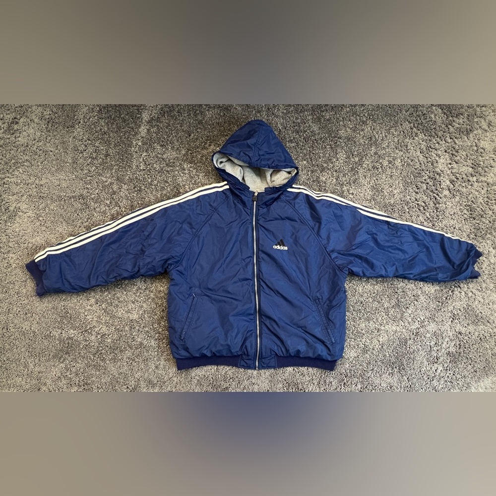 Adidas Coat Men’s Size 2XL Reversible Puffer Hooded Blue Gray Vintage Y2K Read